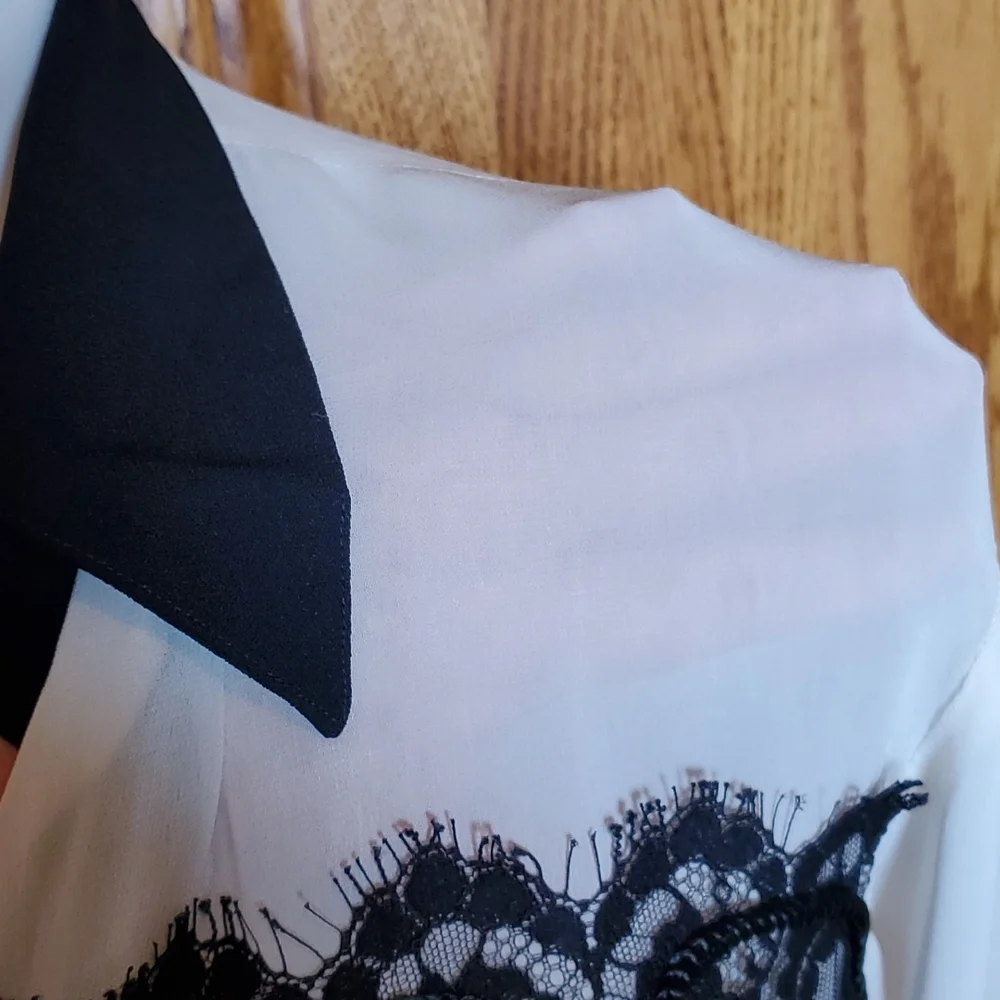 Beautiful ivory sheer blouse with decorative black lace. - Picture 4 of 7